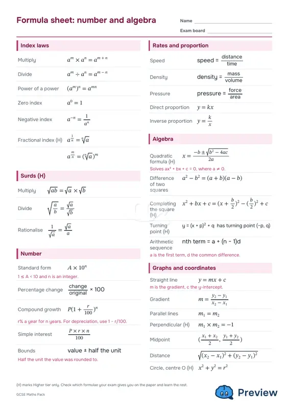 第 2 页：Formula sheet: number and algebra