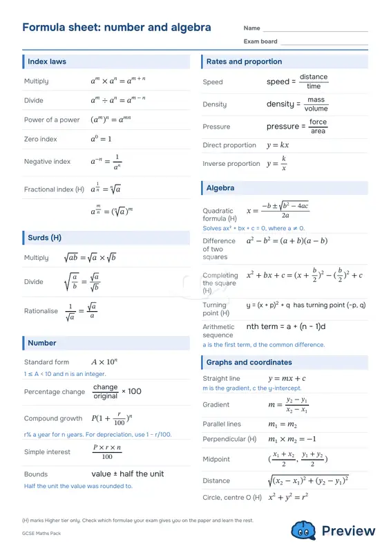 第 2 页：Formula sheet: number and algebra