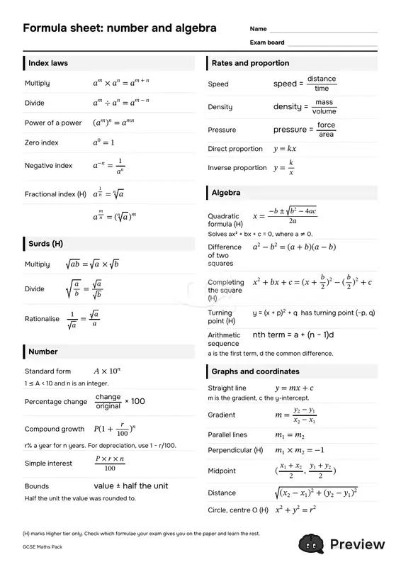 Sayfa 2: Formula sheet: number and algebra
